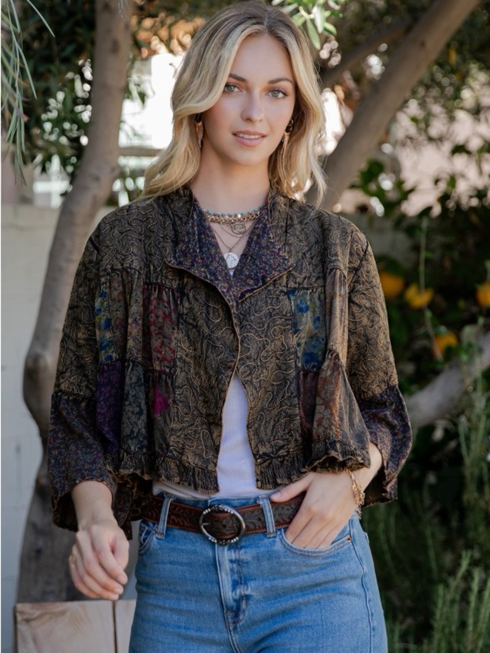 Boho Patchwork Cropped Jean Jacket - Olive Multi